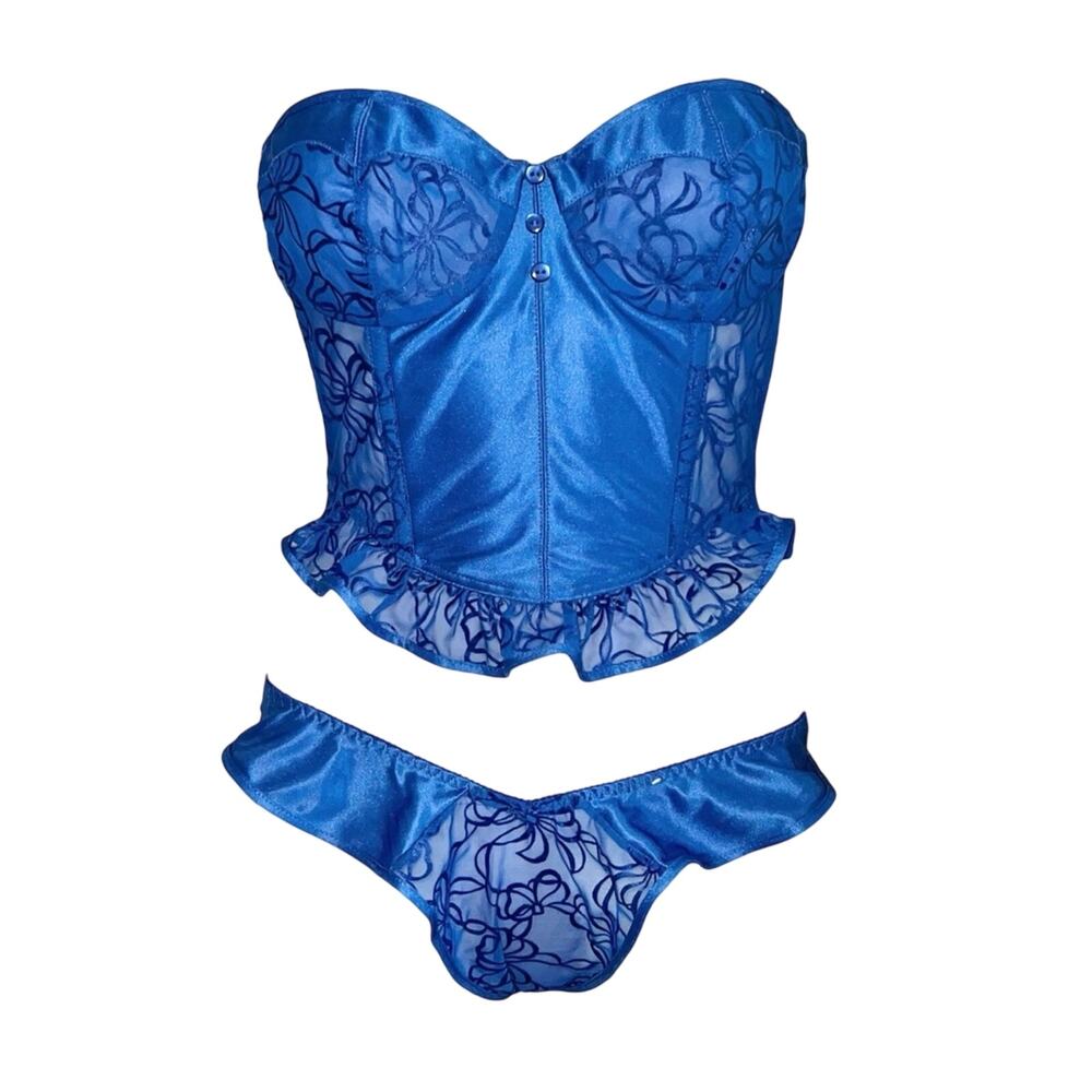 Christian Dior Vintage Blue Ruffle Bustier Corset Bra Top Tap Panty Panties Set